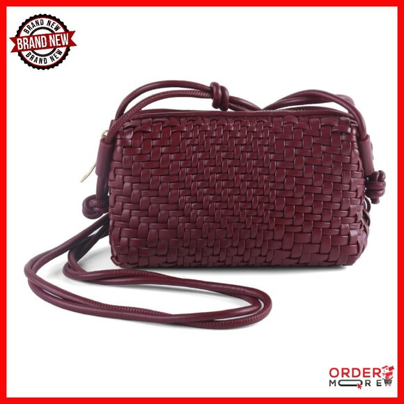 Small Woven Vegan Leather Crossbody Bag Adjustable Strap Lightweight